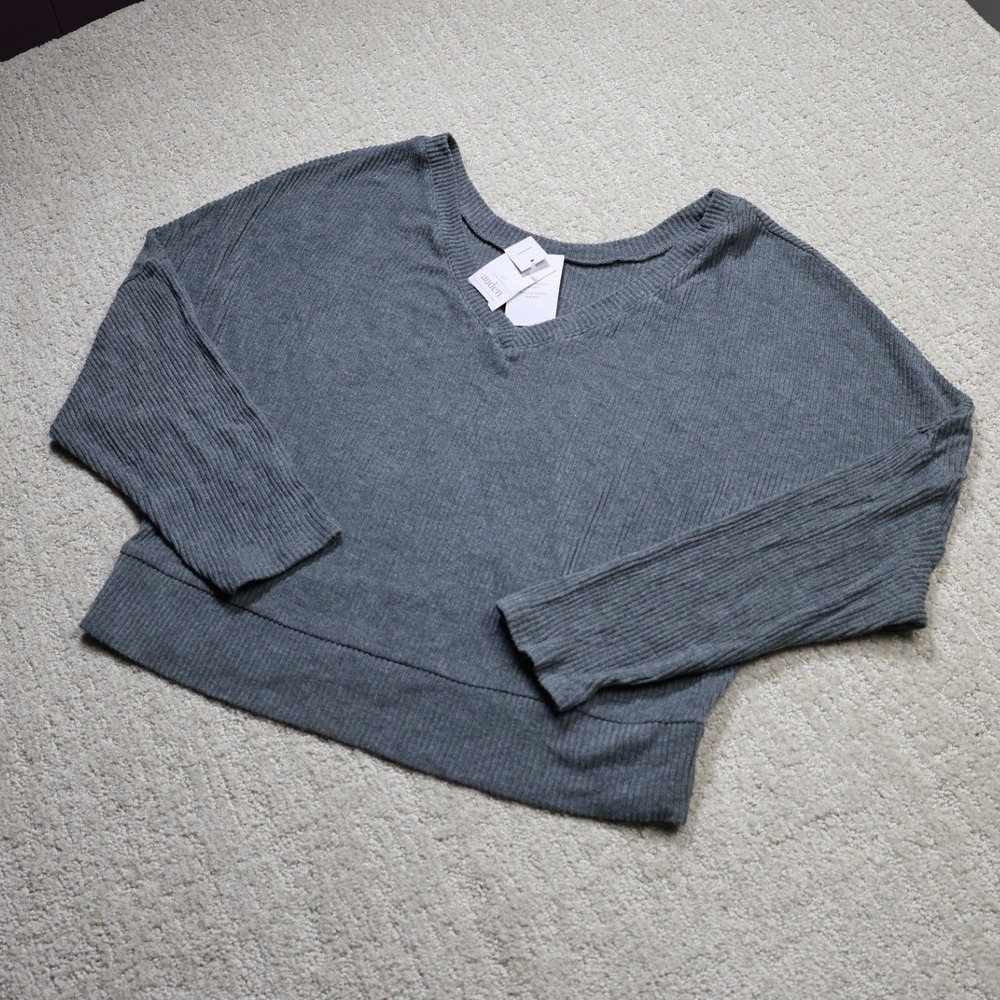 Auden Women XS Reversible Ribbed V-Neck Sleep Top Dark Gray Long Sleeve Lounge